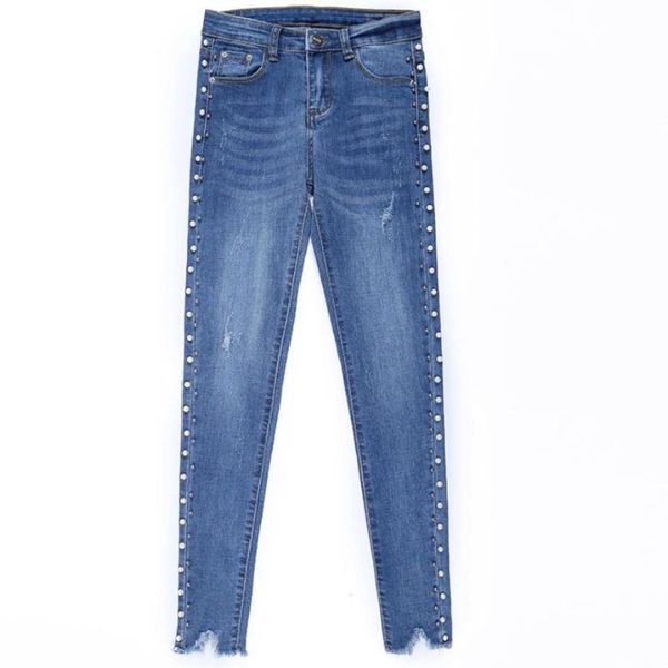 

plus size 26-40 blue pearls beads casual denim jeans women vintage skinny pencil jeans femme stretchy pants
