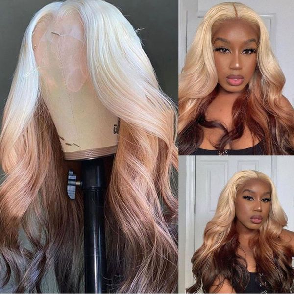 

lace wigs atina wavy colored ombre 613 blonde human hair natural hairline brazilian hd transparent front 180 density, Black;brown