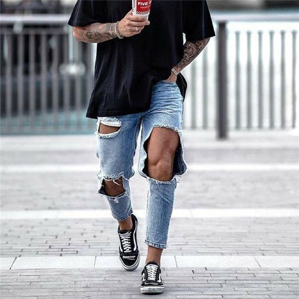 

new men stretchy ripped skinny biker hip hop jeans destroyed hole taped slim fit denim scratched jean long trousers1, Blue