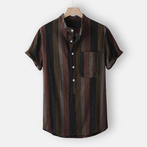 

men's shirts chemise casual short sleeve shirt men streetwear stand collar strip print loose blouse camisa masculina1, White;black