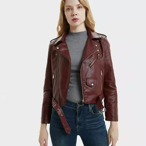 

2020 spring and autumn fashion short lapel motorcycle leather jacket1, Black;brown