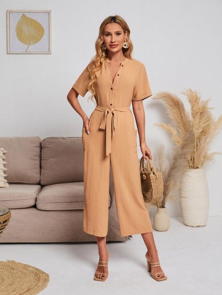 

emery rose roll up sleeve belted wide leg cropped jumpsuit 51by#, White