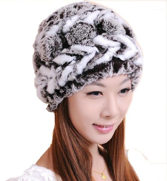 

beanie/skull caps 2021 genuine knitted rex fur hat winter lady floral cap female headgear women beanies1, Blue;gray
