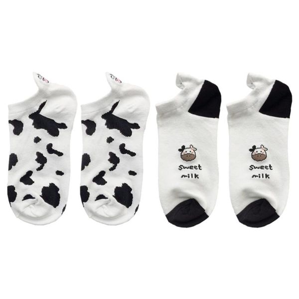 

2 pairs girl cow pattern design short socks comfortable cow pattern boat socks short for everyday wear, Black;white