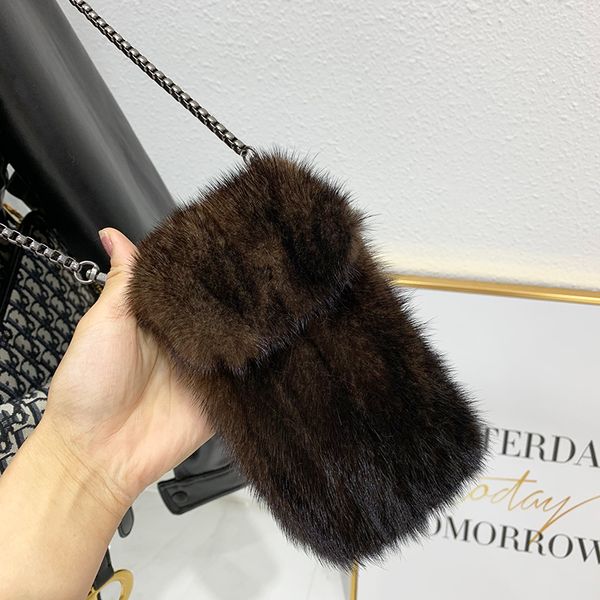 

mobile phone bag" mini natural mink fur coin purse slung a small bag female joker ladies shoulder mobile, Black