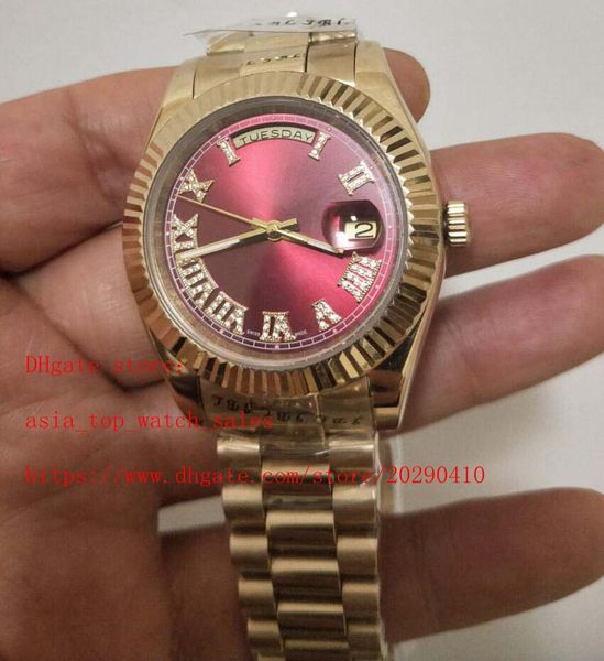 

18 k gold diamond digital 41mm red dial sapphire glass 218235 asia 2813 movement auto date mechnaical automatic mens watch, Slivery;brown