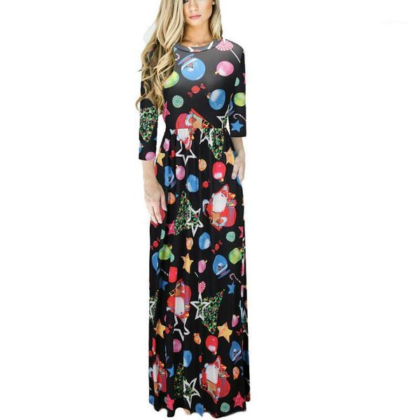 

casual winter christmas dress women elegant christmas santa print long sleeve maxi dresses 3xl casual loose long vestidos robe1, Black;gray
