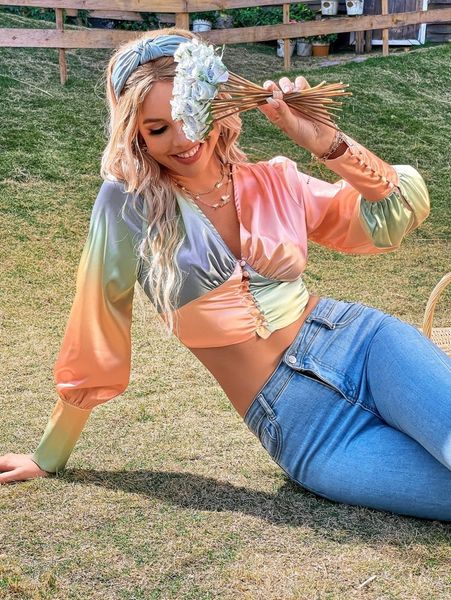 

color block button front lantern sleeve crop blouse l5ir#, White