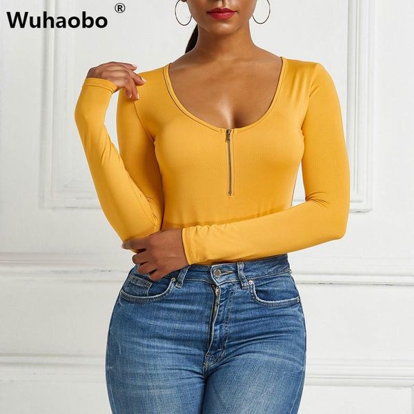 

wuhaobo plus size 3xl women bodysuits club party bodycon zip v neck romper long sleeve black body femme jumper overall, Black;white