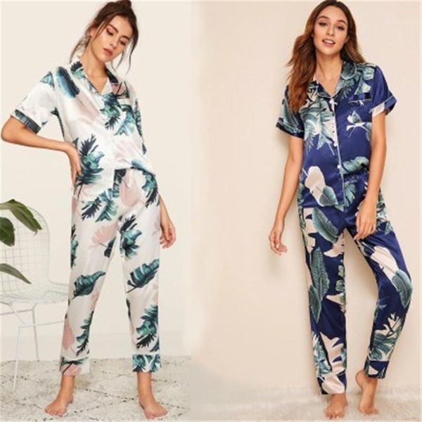 

cardigan trousers home 2pcs suits female spring new casual loose sleepwear womens leaf pattern pajamas sets fashion trend short sleeve, Black;red