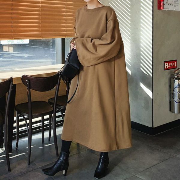 

superaen solid loose oversized plush bf casual pullover o neck sweatshirts women coat long bottomed shirt dress1, Black