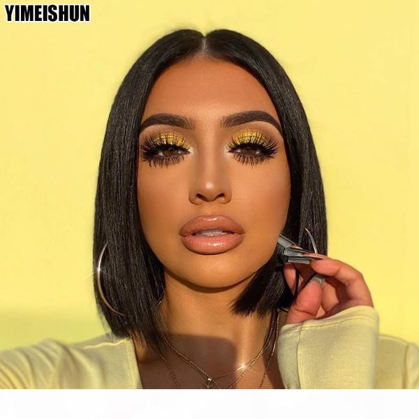 

yimeishun hair straight 13x4 wig short bob lace front human hair wigs brazilian wigs bob 150 180 for black women, Black;brown