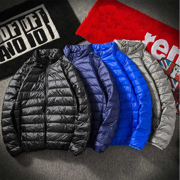 

winter coat puffer jacket men autumn warm pack-able lightweight stand collar coats white duck down jakcet portable travel, Black