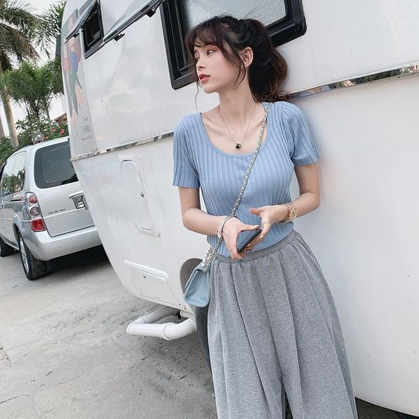 

summer new casual knit wear womens clothing solid color korean round neck short sleeve women t shirt mx19b35121, White