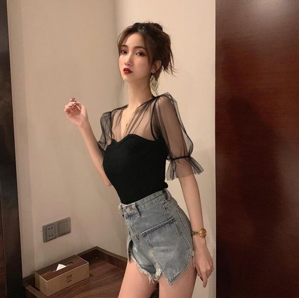 

korean new women's v-neck mesh stitching knit slim solid color lantern sleeves t-shirt drop shipping, White