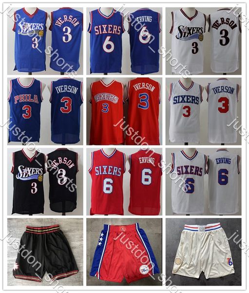 

mens throwback shirts allen 3 iverson julius erving 6 erving basketball jerseys swingman basketball shorts blue white, Black;red