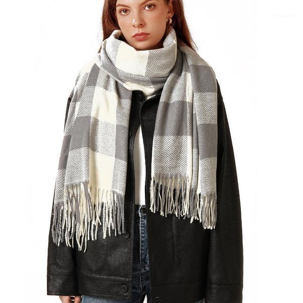 

brand cashmere scarf for women 2020 winter warm thicker blanket shawls large lady's wraps new plaid tassel hijab scarf wholesale1, Blue;gray