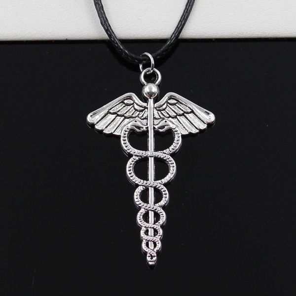 

pendant caduceus medicine symbol necklace choker black leather cord factory price handmade jewelry oafx, Silver