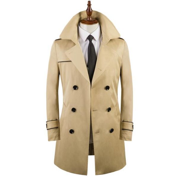 

england mens trench coats man short coat men clothes slim fit double breasted overcoat long sleeve spring autumn lapel khaki, Tan;black