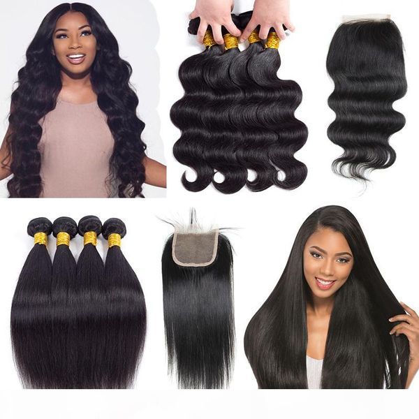 

9a virgin straight body wave hair 4 bundles with closure 4x4 lace weaves closure with brazilian virgin wet and wary hair bundles, Black;brown