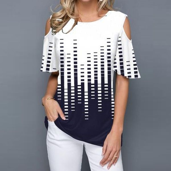 

summer fashion women hole ruffles printed shirt plus sizes femme casual off shoulder blouse shirt beboho y200622, White