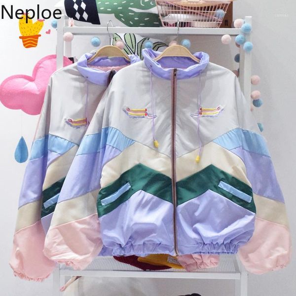 

neploe korean match color short jacket women fashion patch stand quilted baseball uniform loose thick veste femme winter 462301, Black;brown