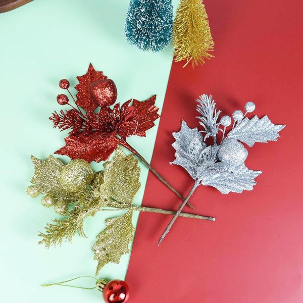 

1pc christmas tree decoration accessories glod silver glitter artificial flower fake plants leaf xmas party new year home decor jllzmo