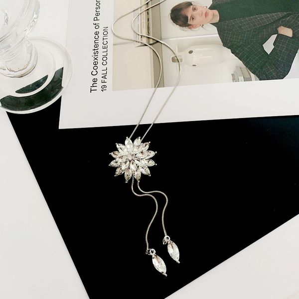 

japan korea autumn winter sweater chain long flower necklace women's fashion versatile pendant dress temperament accessories, Silver