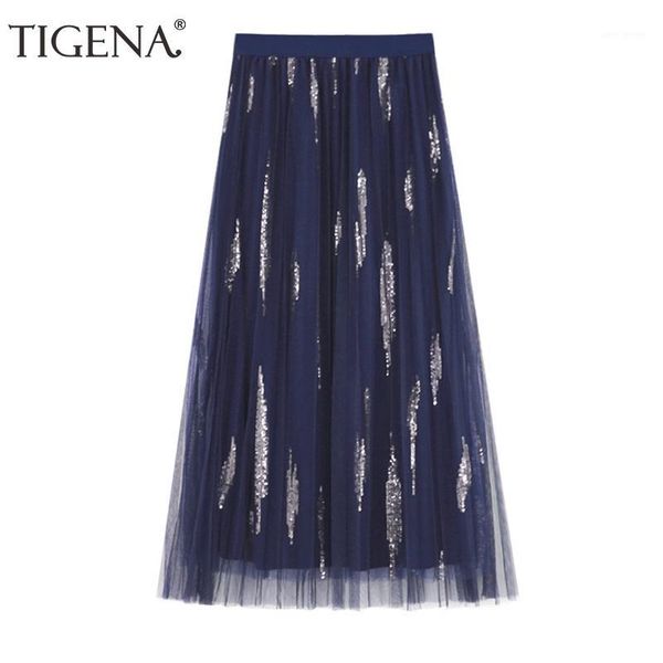 

tigena fashion long maxi sequin tulle skirt women 2019 spring summer korean high waist pleated skirt female blue pink1, Black