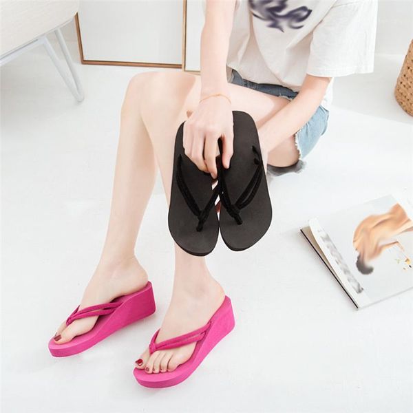 

shoes woman platform slippers fashion women's solid color beach flip-flops high-heeled wedge with thick-legged open slip sandals1, Black