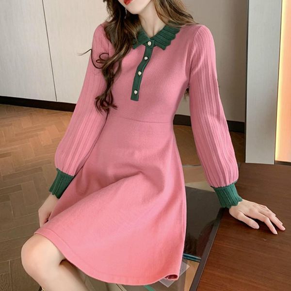 

spring/autumn japanese sweet girl kawaii dress lapel pearl buttons sweet lolita preppy style offiec lady fairy gentle knit dress, Black;gray