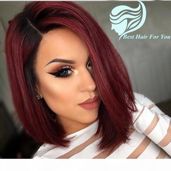 

bob two tone 1b 99j burgundy ombre human hair lace front wig short bob wine red full lace wig for black women, Black;brown