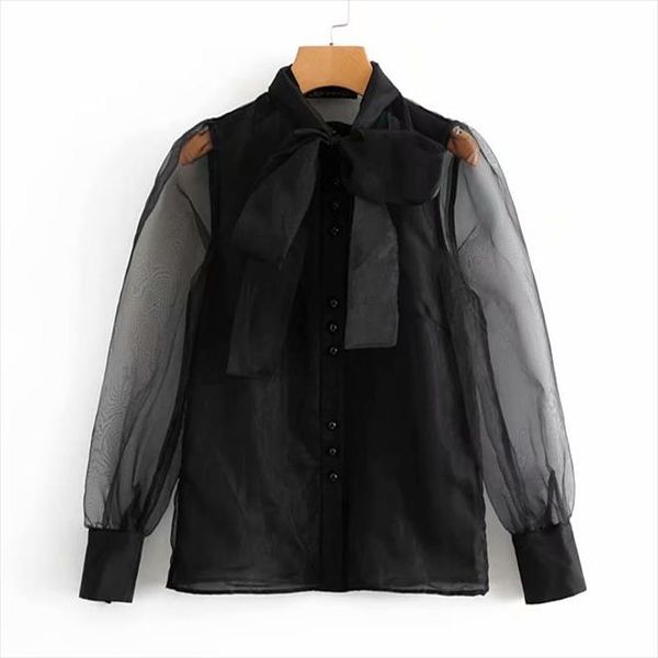 

женщины vintage сексуальный прозрачный бант, связанный воротник, повседневная черный органза блуза рубашка business feminina blusas chic top, White