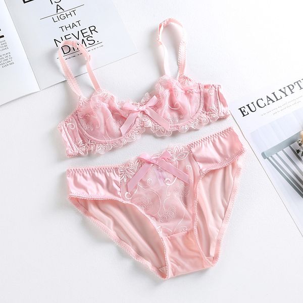 

underwear ultra thin comfortable large size mesh transparent embroidery women's bra set 9160, Red;black