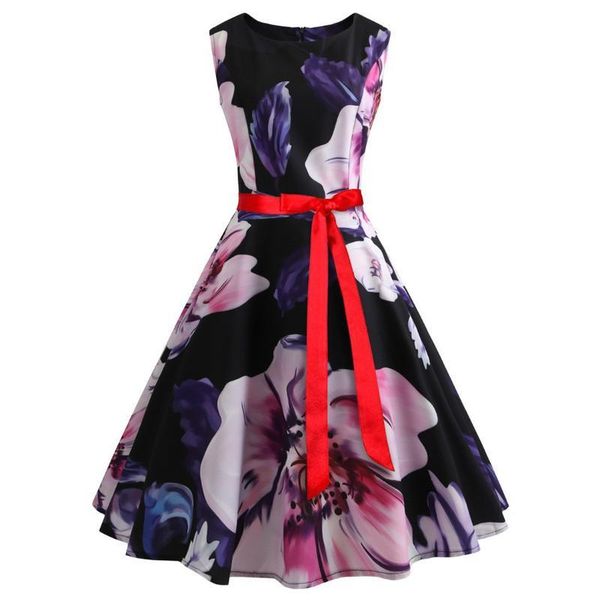 

floral print women summer hepburn 50s 60s retro swing vintage dress a-line party dresses with belt jurken plus size kg-314, Black;gray