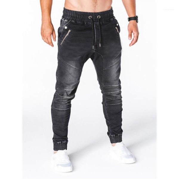 

jeans fashion trend elasticity sports denim pencil pants spring male new drawstring washed casual slim sweatpants mens solid color skinny, Blue