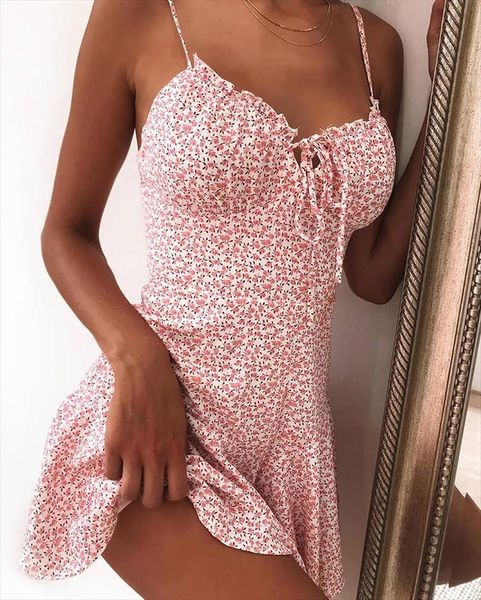 

summer new v neck elegant floral print tie front mini dress fashion women spaghetti strap floral print dress casual, Black;gray