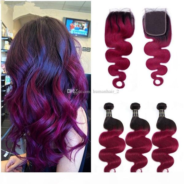 

fuchsia hair bundles with lace closure middle three part brazilian virgin 8a hair ombre body wave with closure, Black;brown