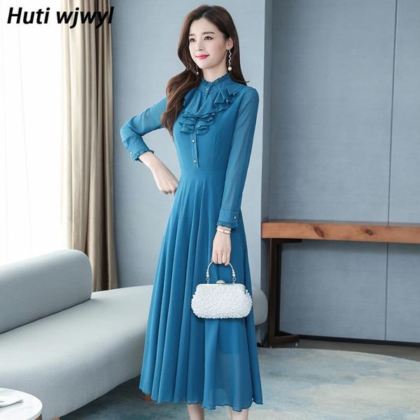 

3xl plus size elegant solid chiffon maxi dresses 2020 spring autumn long sleeve dress vintage women bodycon party black vestidos, Black;gray