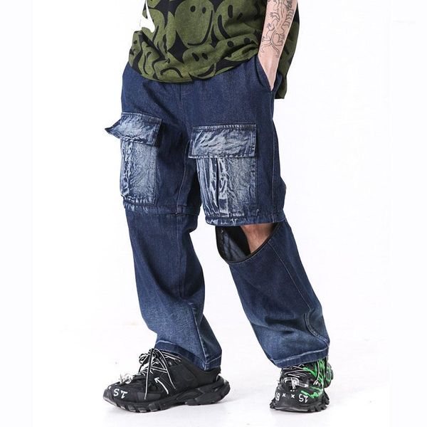 

men removable leg casual denim cargo pant male streetwear hip hop loose wide leg jeans trousers white elastic waist full length1, Blue