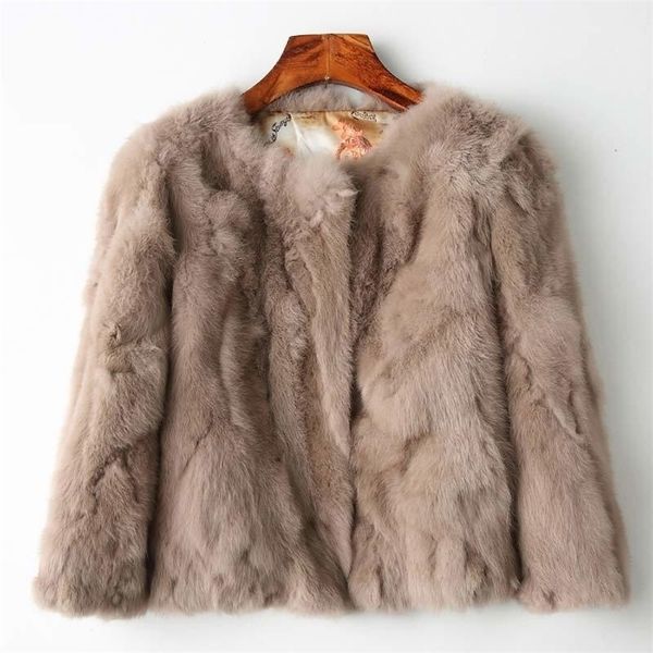 Genuine Full Pelt Jacket Women's Design Natural Wholeskin O-Collo Fashion Slim Thin Rabbit Fur Coat 201103