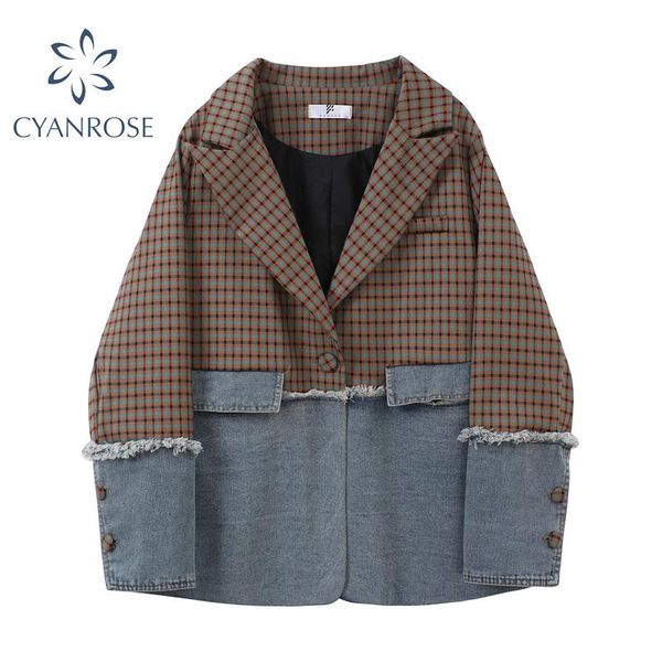 

women's blazers plaid spliced 2020 autumn winter korean fashion casual long sleeve loose single breasted suit jacket women, White;black