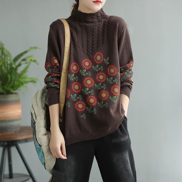 

women's sweaters women sweater flower printed 2021 spring winter loose long sleeve turtleneck pullovers floral vintage fashion, White;black