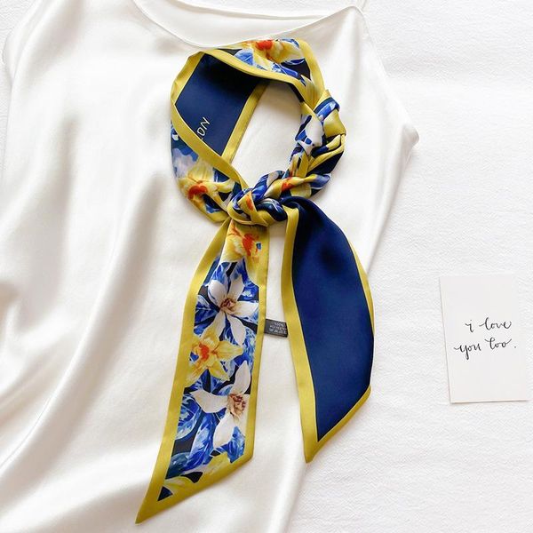 

2020 real new hijab winter romantic flower joker the spring and autumn period narrow strip ribbon tie silk scarves with small, Blue;gray