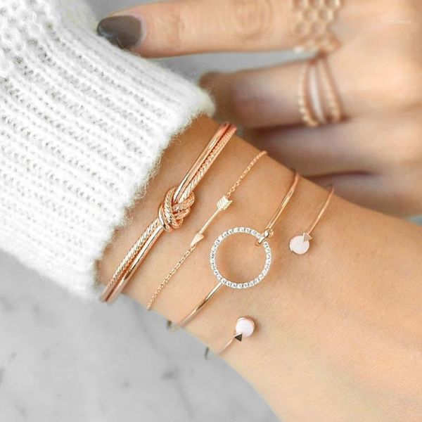 

charm bracelets 4pcs/set classic arrow knot round crystal gem multilayer adjustable open bracelet set women fashion party jewelry gift1, Golden;silver