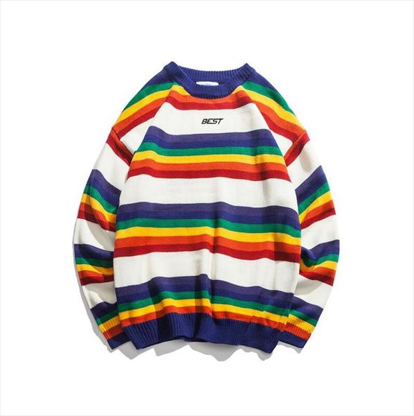 

new fashion women sweater retro hit color o neck knit rainbow striped sweater drop shipping high quality, White;black