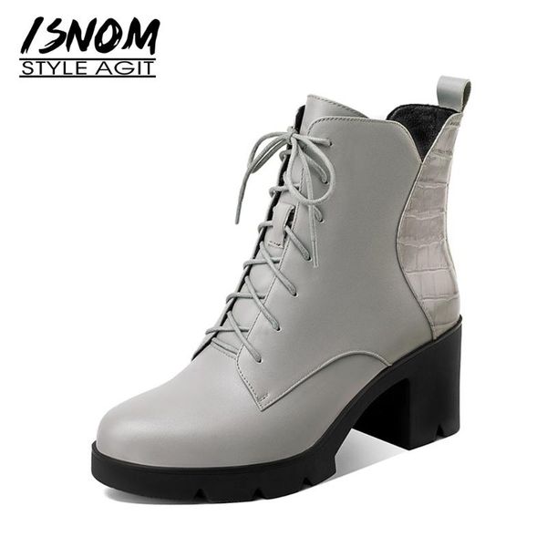 

ISNOM Women Genuine Leather Ankle Boots Side Zip Skid Proof Cross Tied Boots Thick High Heel Warm Short Plush Winter 2020, Black