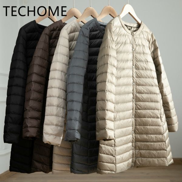 

techome 2020 women down jacket ultra light white duck down long coat thin slim winter autumn warm inner bottoming garment c1204, Black