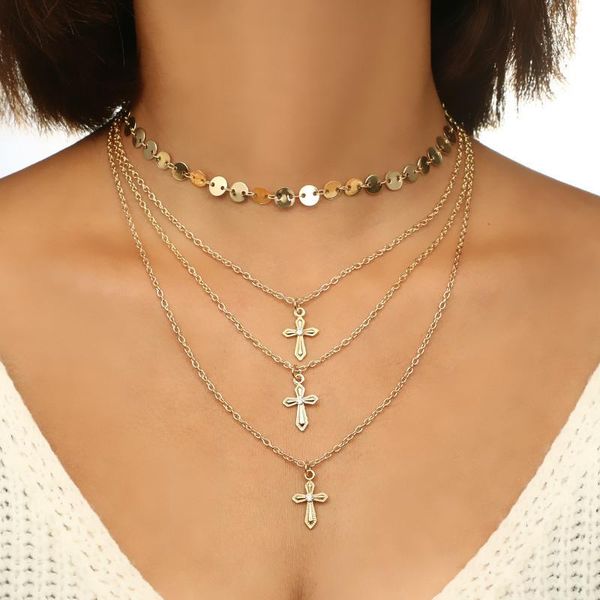 

brling new 2020 fashion ins vintage chain pendant choker crystal cross multi-layer necklace for women girls gifts party, Golden;silver