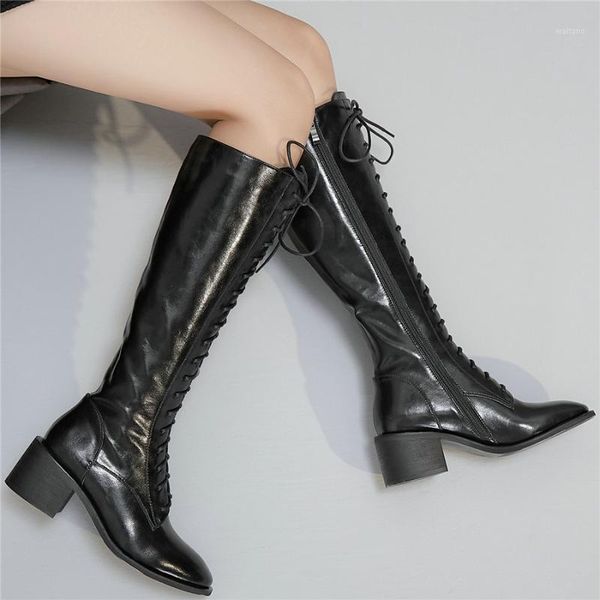 

winter thigh high shoe women lace up genuine leather chunky high heels knee boots female round toe platform warm snow boots1, Black